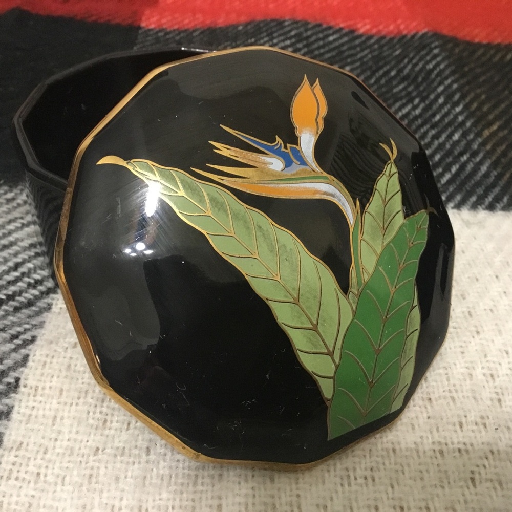Vintage Otagiri Octagon Trinket Box | Black Gold Accent w/Bird of Paradise
